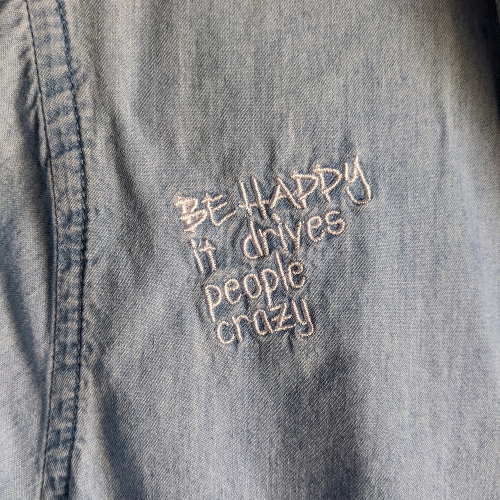 CASTRO JEANS🔥 Denim Chambray Western Button-up Top Embroidered Quotes 6 Euro 38